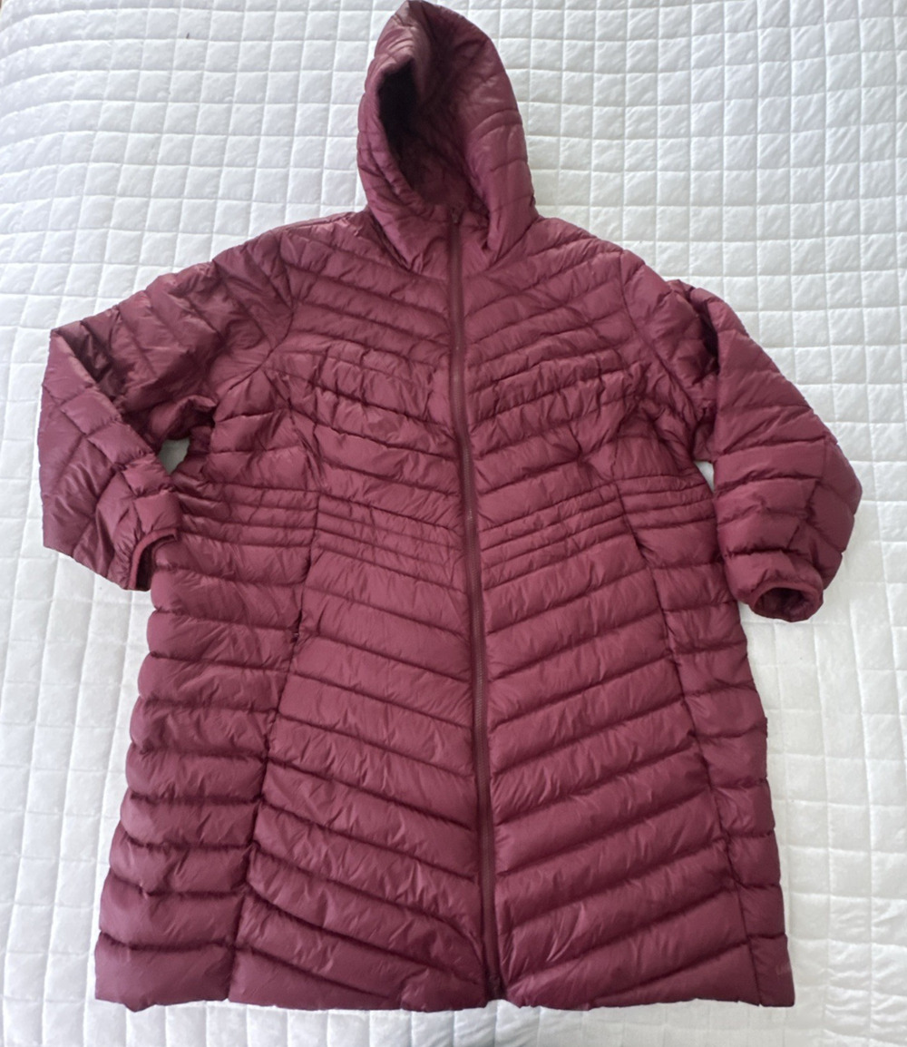 Lands End Jacket Womens 3X Burgundy Red Down Filled Puffer Hooded Long Line